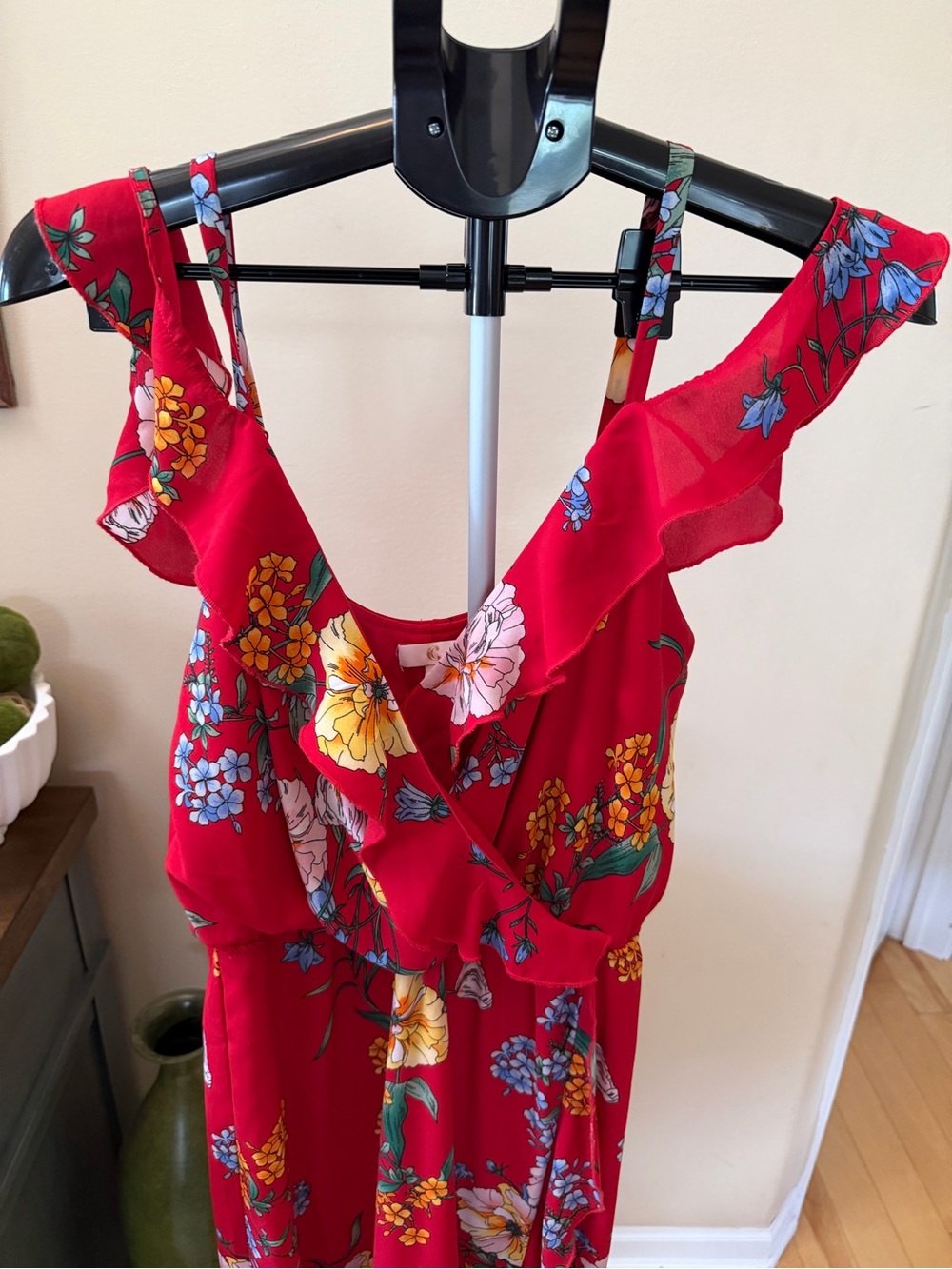 Women’s Small Red Floral Maxi Dress Ruffle Faux Wrap Boho Cottagecore - Picture 2 of 5